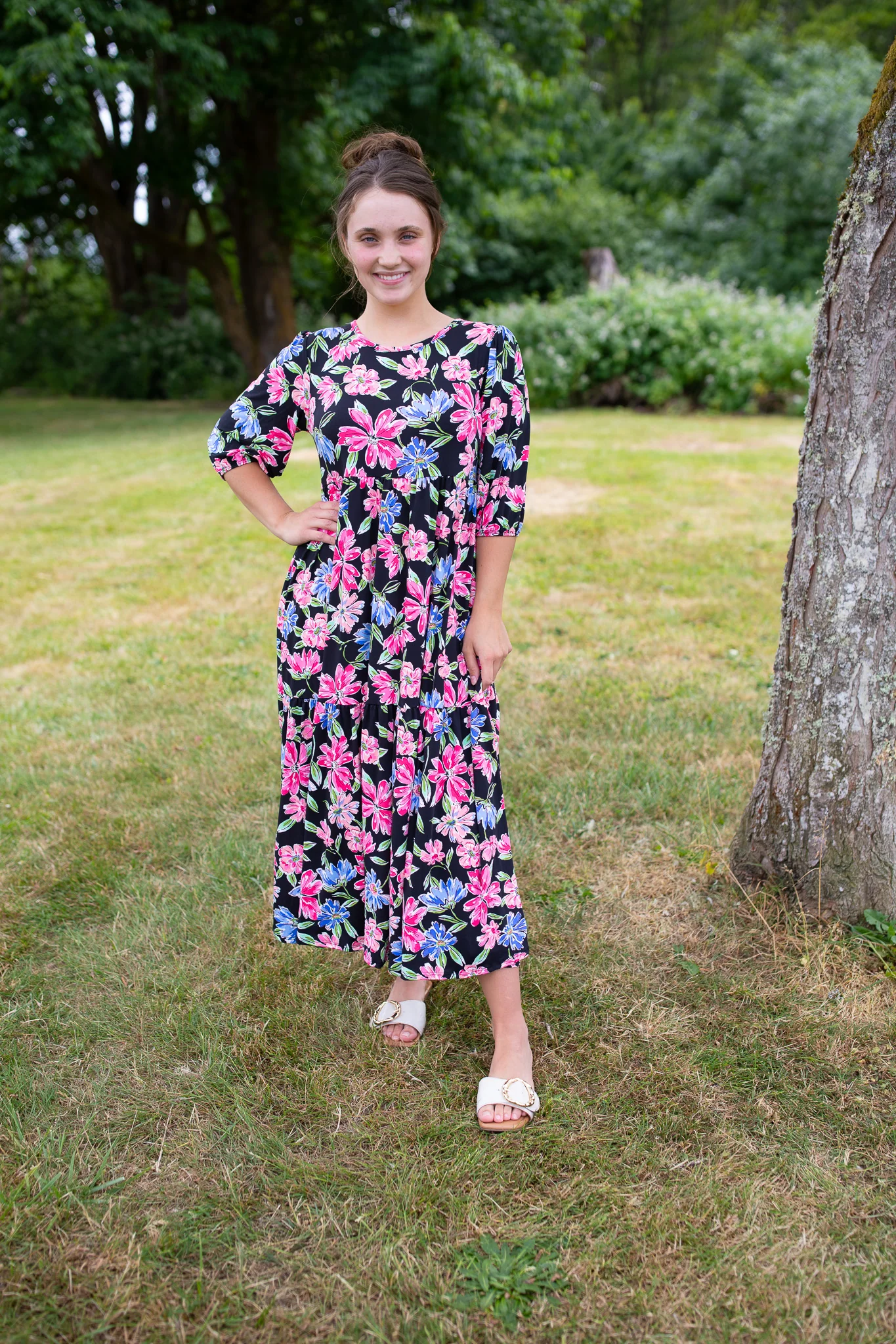 Black Tropical Floral Tiered Dress