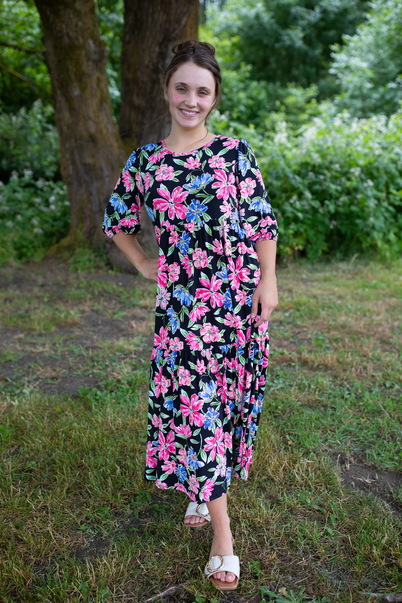 Black Tropical Floral Tiered Dress - Image 2
