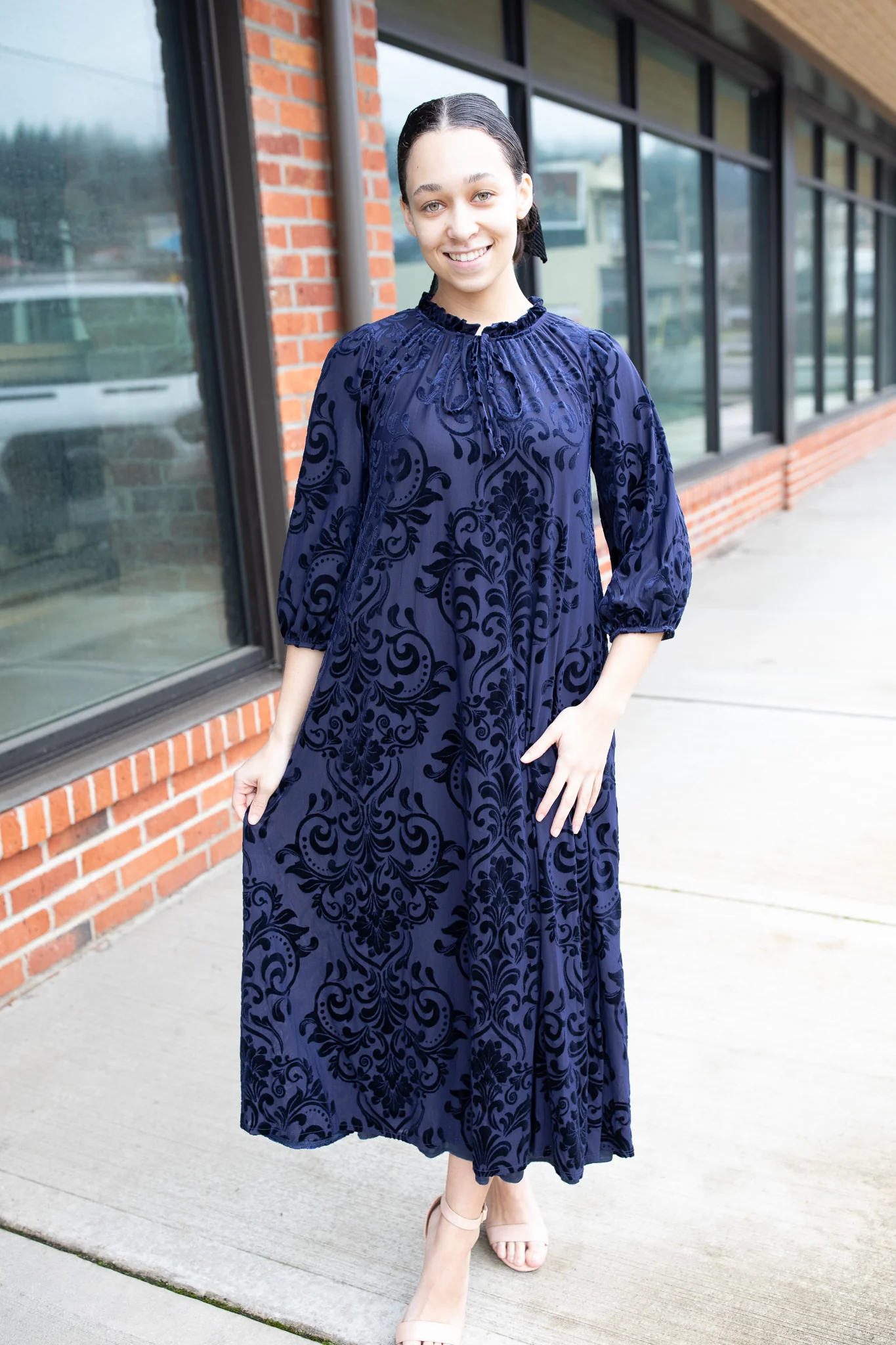 Cassandra Dress - Navy Burned Velvet