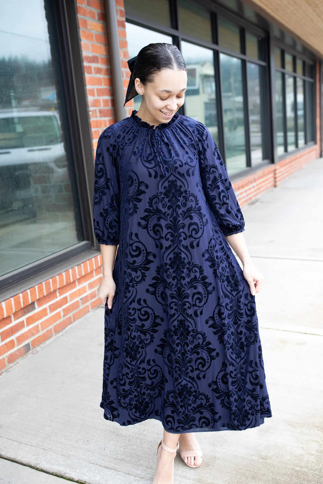 Cassandra Dress - Navy Burned Velvet - Image 2