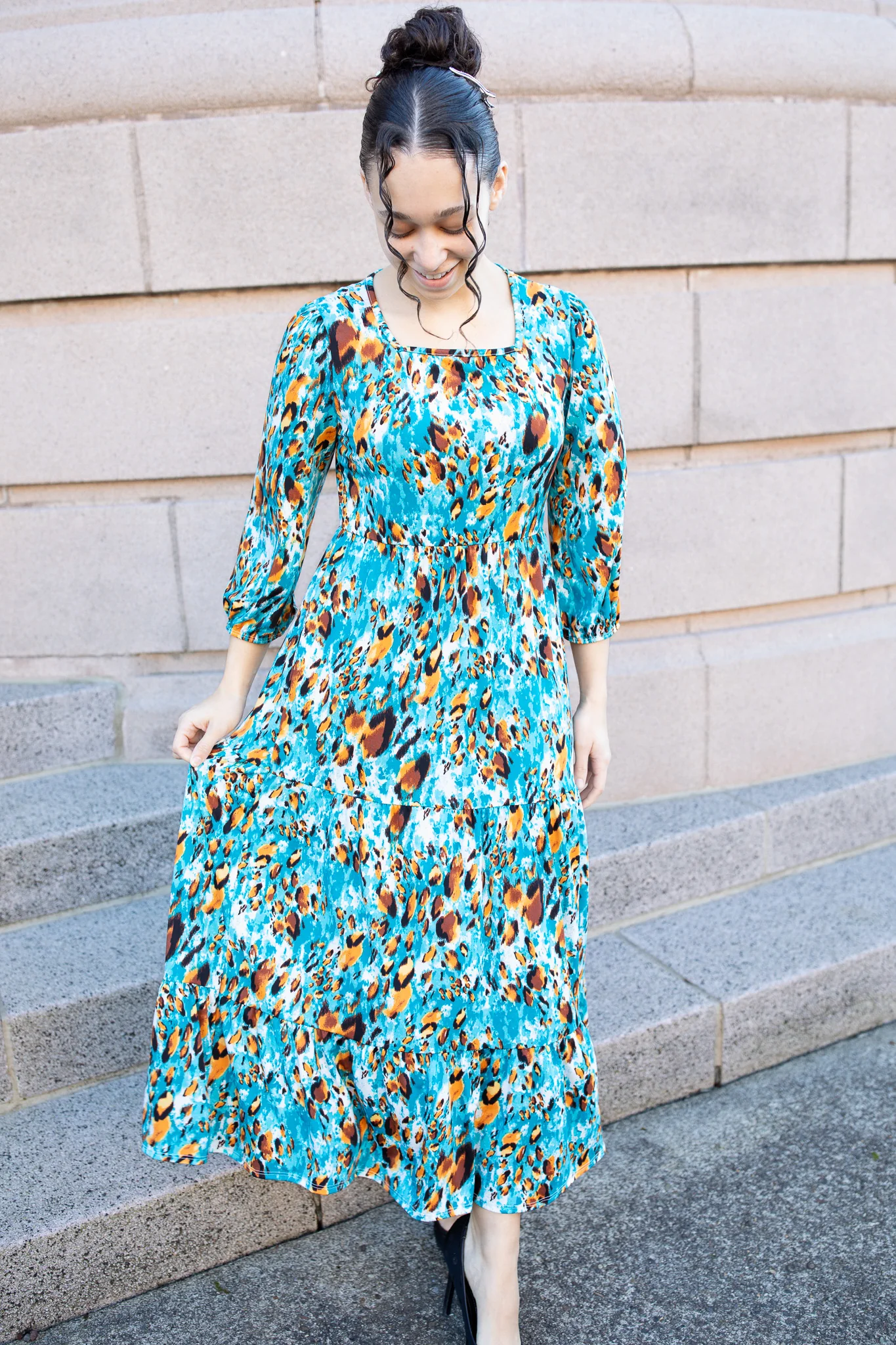 Lillian Square Neck Dress - Blue Leopard