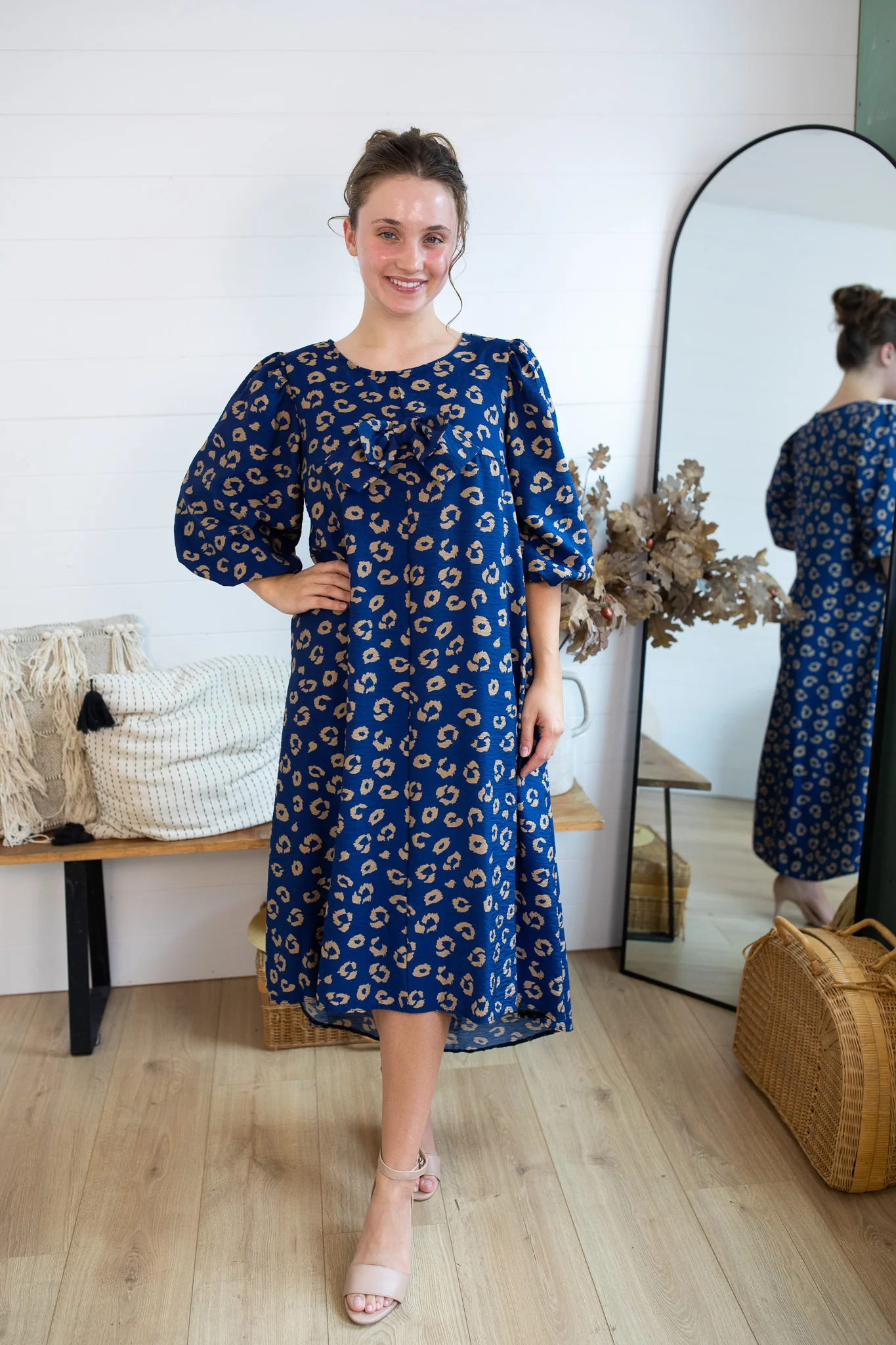 Margaret Bow Dress - Navy Leopard