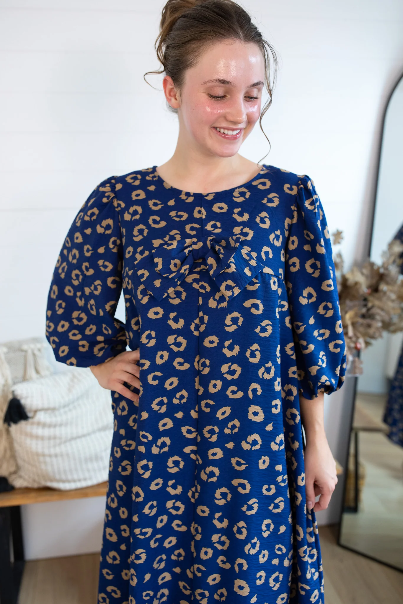 Margaret Bow Dress - Navy Leopard - Image 3
