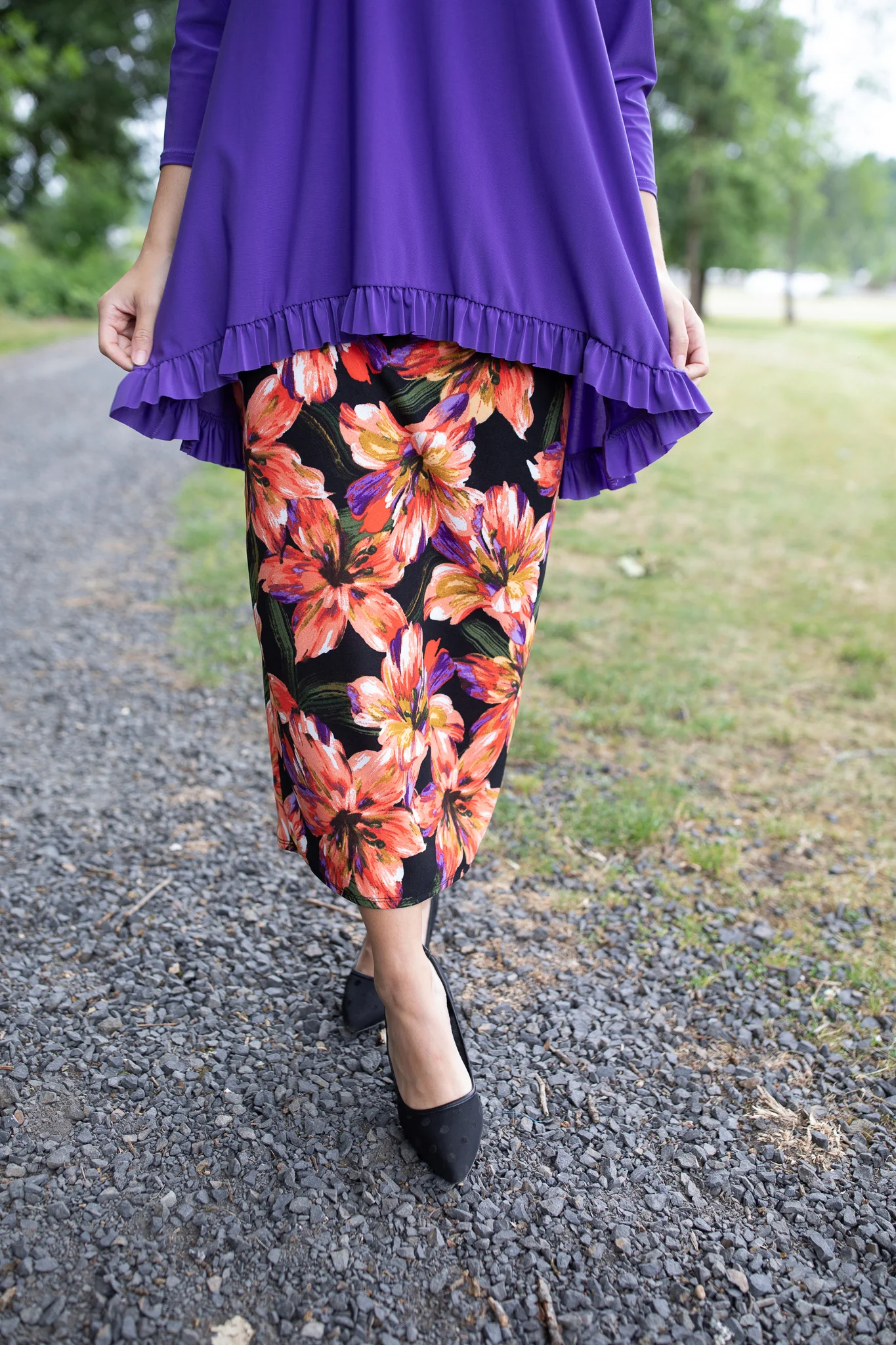 Orange & Purple Floral Pencil Skirt (TWO Lengths!) - Image 3