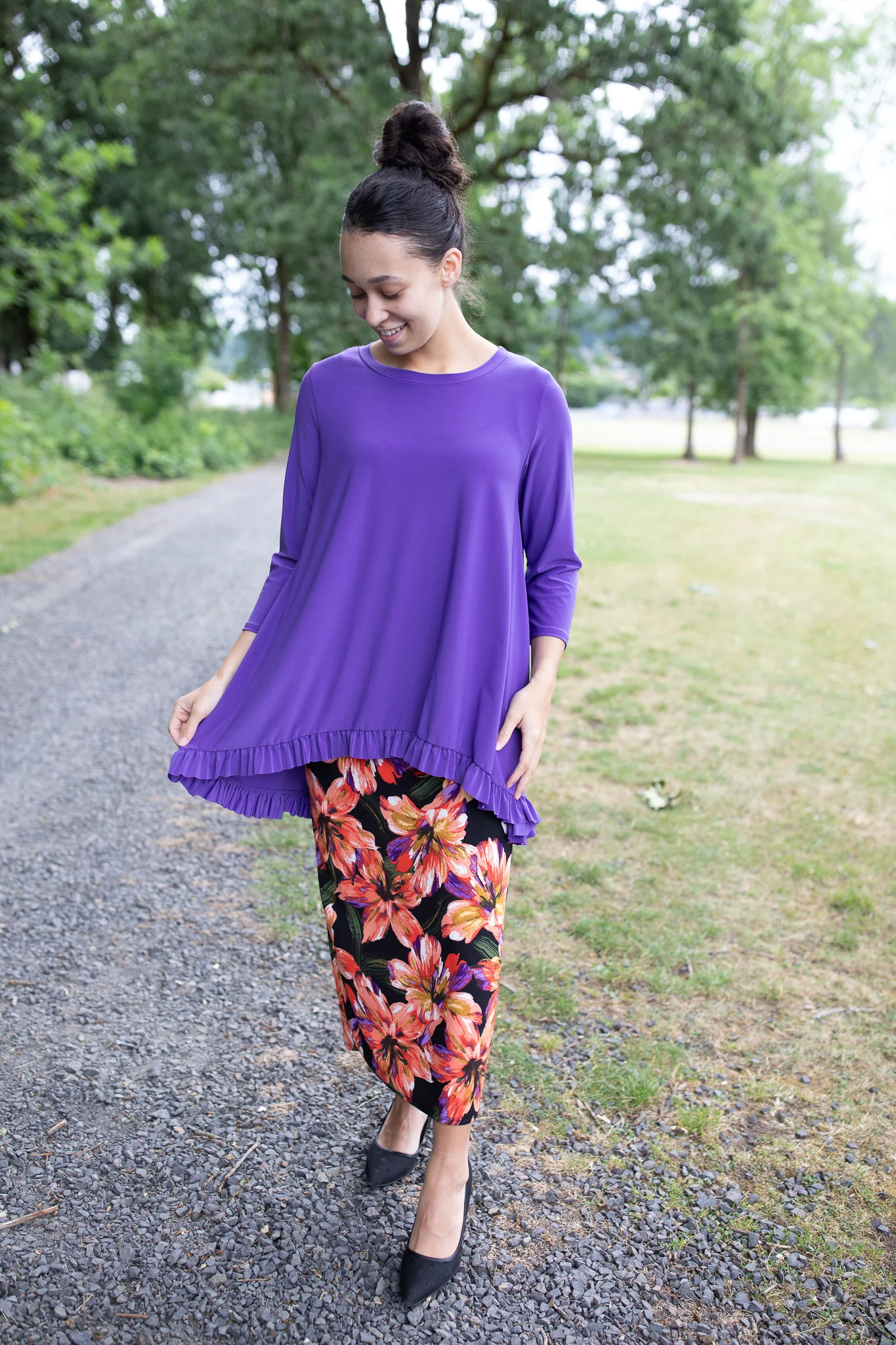 Orange & Purple Floral Pencil Skirt (TWO Lengths!) - Image 4