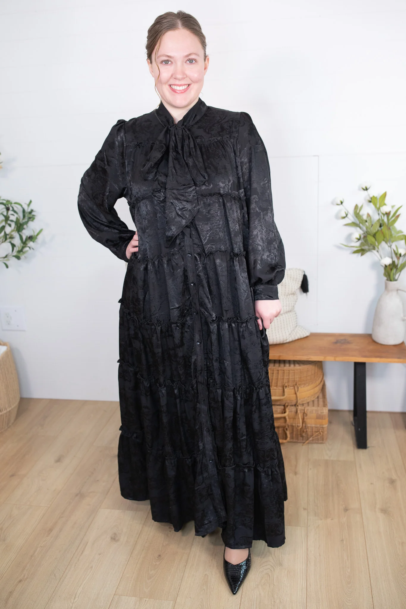 Black Satin Tiered Maxi Dress - Image 2